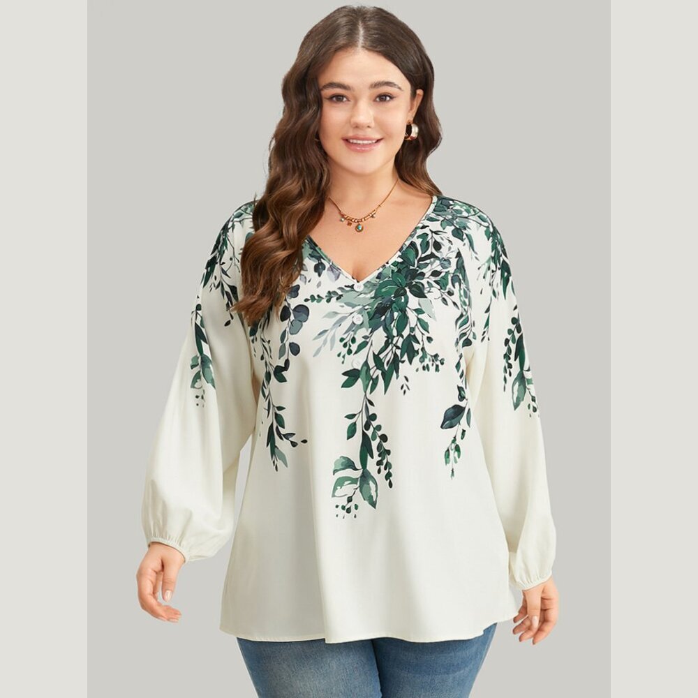 NWT BloomChic Ivory Plants Print Lantern Sleeve Button Detail Blouse Size 26/4X